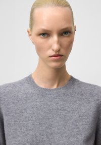 Maglione grigio a maglia con scollo rotondo, texture morbida e polsini a coste. Il modello ha i capelli biondi corti e trucco minimo. Sfondo semplice.