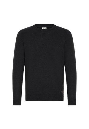 Svart strikket genser med lange ermer, rund hals og ribbestrikket kant. Har en liten logo ved bunnen til venstre.