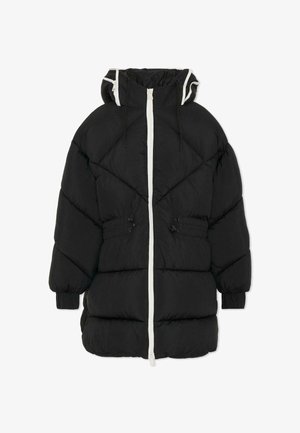 Czarna kurtka puchowa o pikowanym wzorze, z kapturem z troczkami i białym suwakiem z przodu. Elastyczne mankiety i regulowany pas.