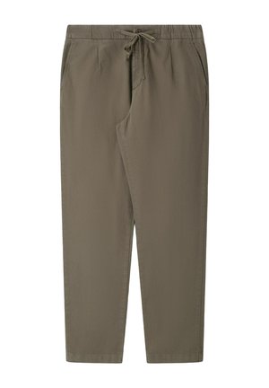 Pantalon décontracté marron avec taille à cordon et poches latérales, coupe droite, présenté à plat sur fond blanc.