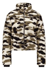 Beskuren fleecetröja i kamouflage-mönster, med nyanser av kräm, oliv och svart, med hög krage och framdragkedja.