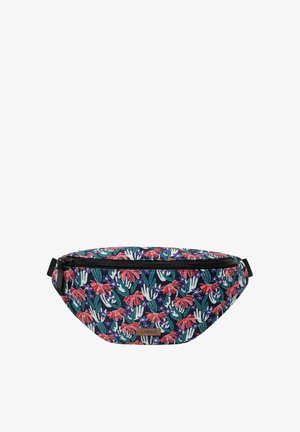 Floral patterned fabric waist bag with red, white, and purple flowers on green stems, black zipper, and adjustable black strap.