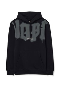 Felpa nera con cappuccio che presenta una grande stampa grigia in stile spray sulla parte anteriore, con tasca a marsupio e polsini a costine. Il testo recita "NEVER."