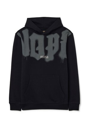 Zwarte hoodie met een grote grijze graffiti-print aan de voorkant, met een buidelzak en geribde manchetten. De tekst leest "NOOIT."