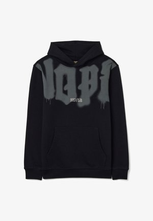 Zwarte hoodie met een grote grijze graffiti-print aan de voorkant, met een buidelzak en geribde manchetten. De tekst leest "NOOIT."