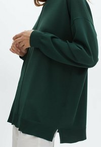 Maglione verde a maniche lunghe in maglia con polsini e orlo a coste, caratterizzato da aperture laterali per facilitare i movimenti. Texture liscia, vestibilità comoda.