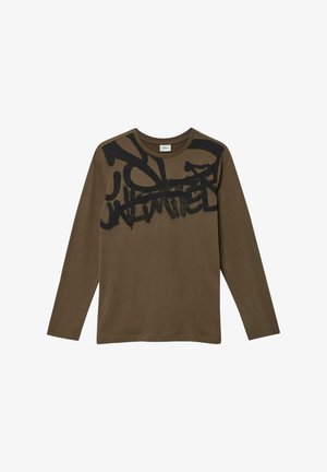 Langsleeve bruine t-shirt van katoen, met een groot zwart graffiti-achtig ontwerp aan de voorkant. Ronde hals, casual pasvorm.