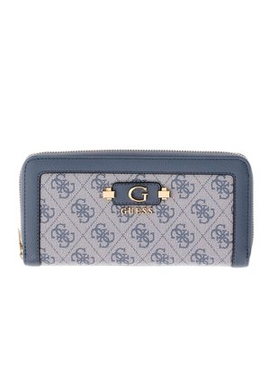 Portefeuille rectangulaire à fermeture éclair intégrale, bordure bleue, tissu gris à motifs avec le logo GUESS, et emblème central "G" doré sur le panneau avant.