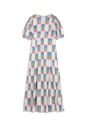 Lang hvid kjole med puffede korte ærmer, der har et farverigt gentaget mønster af grønne kaktusser inde i røde og hvide ternede firkanter.