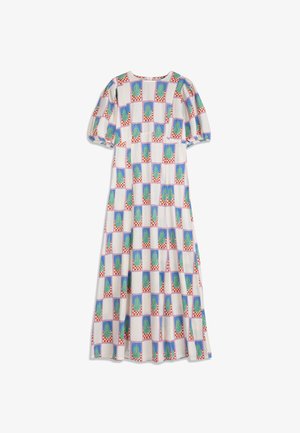 Long white dress with puffed short sleeves, featuring a colorful repeated pattern of green cacti inside red and white checkered squares.