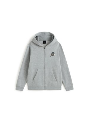 Jasnoszara bluza z kapturem na zamek błyskawiczny, z przednimi kieszeniami, kapturem i małym czarnym logo Vans na lewej piersi.
