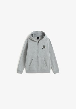 Hellgrauer Kapuzenpullover mit Reißverschluss, Fronttaschen, Kapuze und kleinem schwarzem Vans-Logo auf der linken Brust.