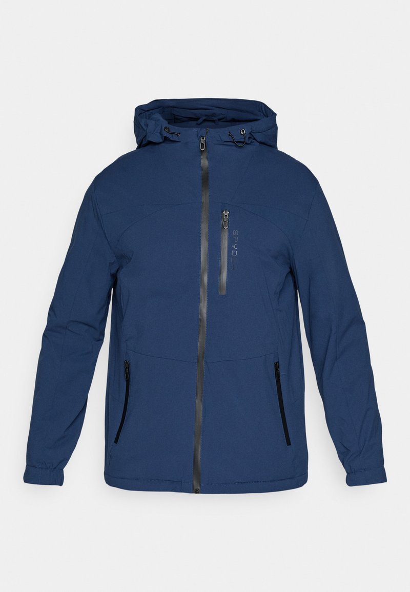 Chaqueta con capucha de color azul marino, con cremallera frontal, dos bolsillos laterales y un bolsillo en el pecho. Textura suave y cordones ajustables en la capucha.