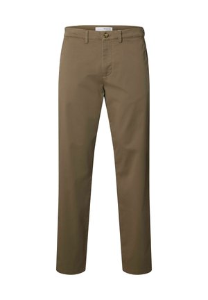 Khaki pants made of cotton blend fabric, featuring a straight leg design, front pockets, and a button closure. Smooth texture and minimalist style.