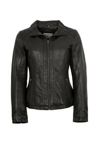 Schwarze Lederjacke mit Reißverschluss, Stehkragen und subtilen Nahtdetails. Zwei seitliche Reißverschlusstaschen und taillierte Passform.