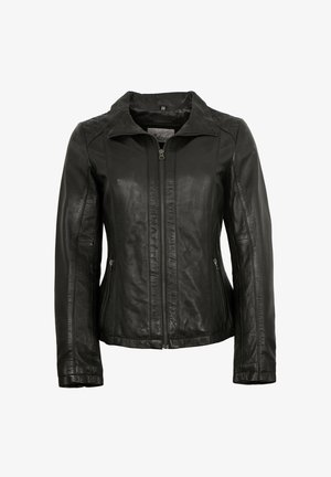 Schwarze Lederjacke mit Reißverschluss, Stehkragen und subtilen Nahtdetails. Zwei seitliche Reißverschlusstaschen und taillierte Passform.