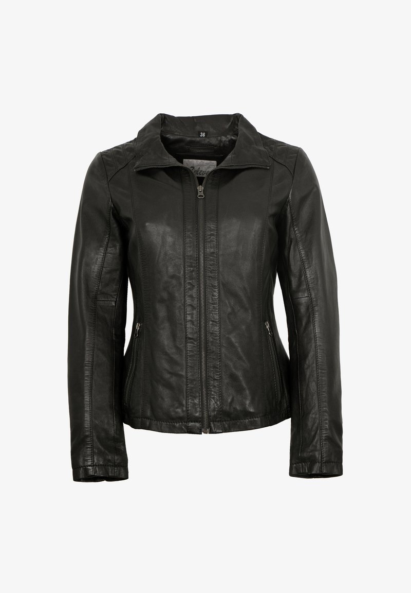 Schwarze Lederjacke mit Reißverschluss, Stehkragen und subtilen Nahtdetails. Zwei seitliche Reißverschlusstaschen und taillierte Passform.