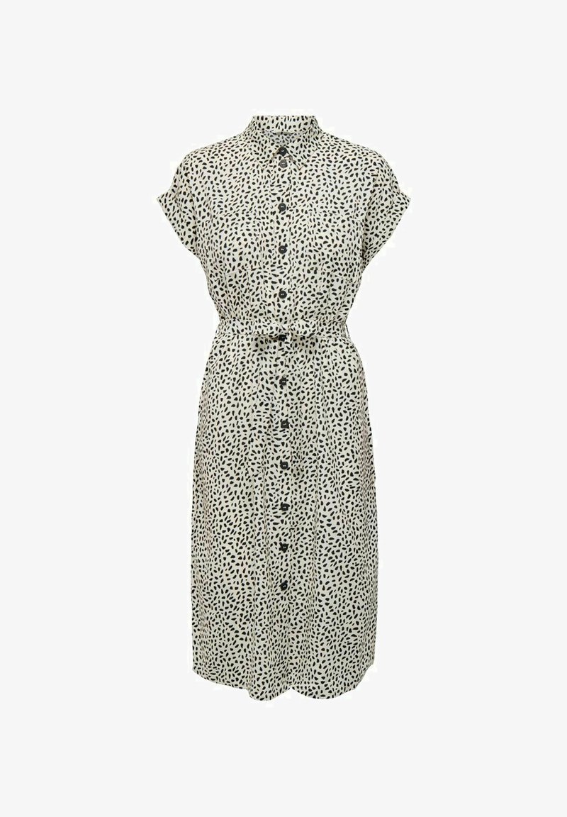Robe boutonnée en crème avec un motif à pois noirs, manches courtes, et une ceinture à nouer à la taille, présentant une silhouette ajustée.