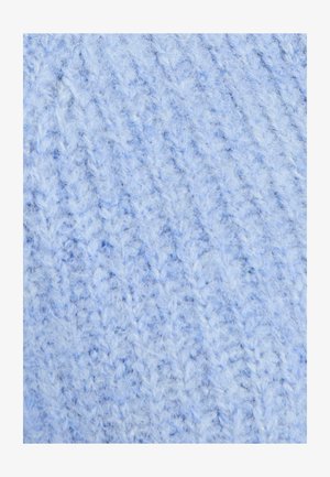 Lichtblauwe gebreide stof met een gestructureerd, licht pluizig oppervlak, dat een losse weefpatroon en subtiele kleurvariaties toont.