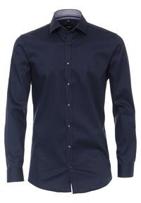 Navyblauw overhemd met lange mouwen, slim fit ontwerp, knoopsluiting aan de voorkant en een gepatternde kraaginterieur. Gemaakt van een soepele stof.