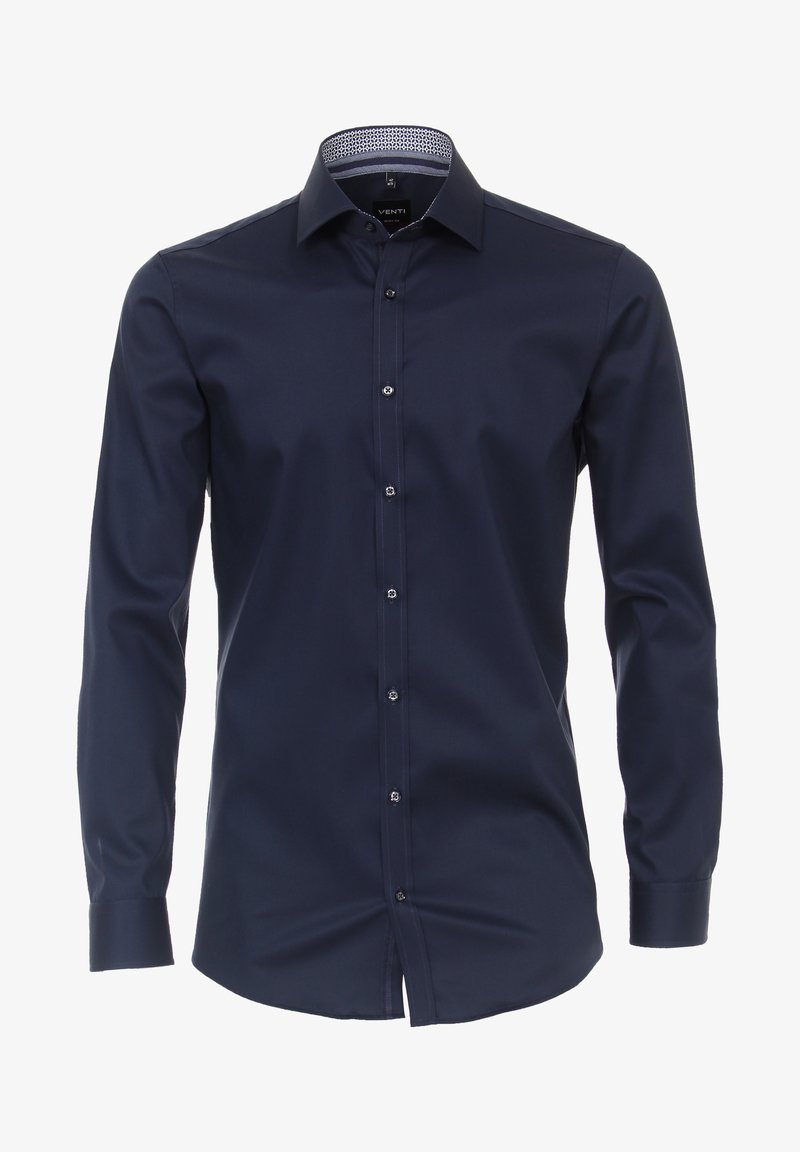 Navyblauw overhemd met lange mouwen, slim fit ontwerp, knoopsluiting aan de voorkant en een gepatternde kraaginterieur. Gemaakt van een soepele stof.