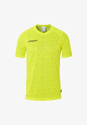 Gul sportstrøje med korte ærmer, der har et diamantmønster over det hele og et sort "uhlsport" logo på forsiden. Letvægtsstof.