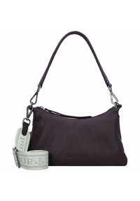 Bolso de piel morado con textura suave, forma curva, herrajes de plata y una correa de tela ajustable que presenta un patrón de "HARBOUR".