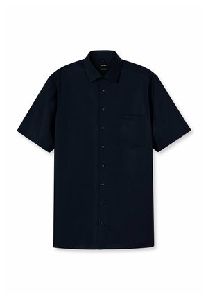 Kurzarm-Bluse in Marineblau aus glattem Stoff, mit spitzem Kragen, Knopfschluss und einer Brusttasche auf der linken Seite.