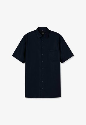 Korte mouwen marineblauw shirt van een gladde stof, met een puntenkraag, knoopsluiting en een borstzakje aan de linkerkant.