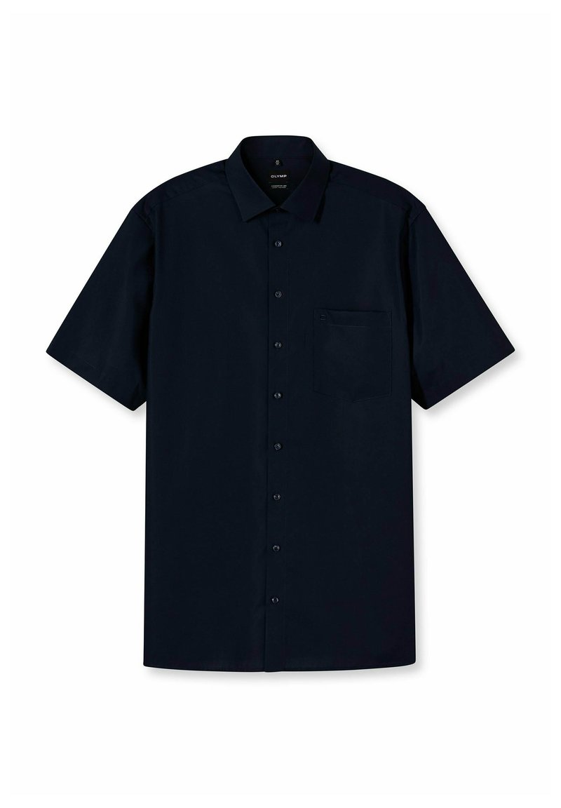 Kurzarm-Bluse in Marineblau aus glattem Stoff, mit spitzem Kragen, Knopfschluss und einer Brusttasche auf der linken Seite.