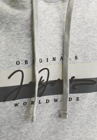 Sudadera gris con capucha ajustable, lettering negro "ORIGINALS WORLDWIDE" y una firma destacada sobre una franja blanca y gris.