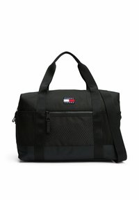 Borsa a tracolla nera con una texture intrecciata sul pannello anteriore, dotata di doppi manici, una tracolla rimovibile e un comparto con zip.