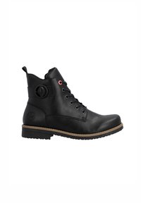 Bottines en cuir noir à bout rond, avec un laçage à l'avant et une languette en tissu. Elles présentent un accent circulaire et une semelle en caoutchouc texturée.