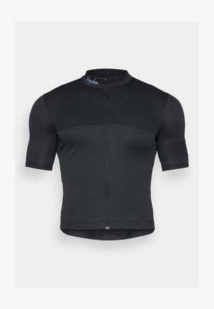 Jersey de ciclismo negro hecho de tela elástica, con mangas cortas, un cierre de media cremallera en el frente y una sutil textura acanalada con un logo en el collar.