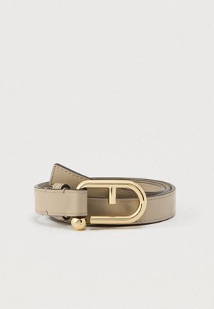 Beige leather belt with a gold D-shaped buckle. Smooth texture with a minimalistic design and a decorative gold ball accent.