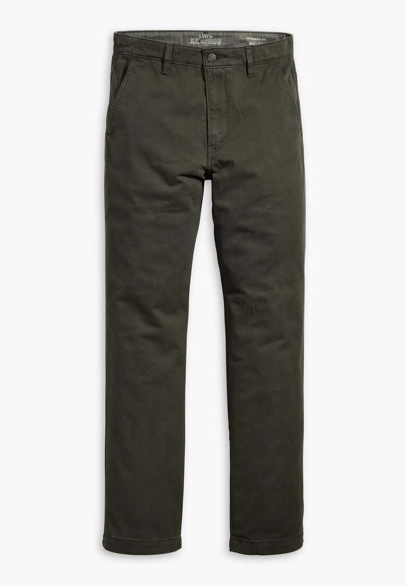 Chinos verde oliva hechos de algodón, con cremallera, bolsillos frontales y un diseño de pierna recta. Textura suave con un acabado mate.