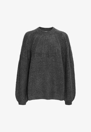 Tamno sivi pleteni pulover s okruglim izrezom, dugim balonskim rukavima, rebrastom teksturom i suptilno uzorkovanom gornjom sekcijom.