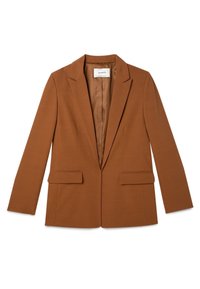Blazer marron avec une coupe ajustée, revers crantés, deux poches avant et une doublure lisse. Manches droites et silhouette épurée.