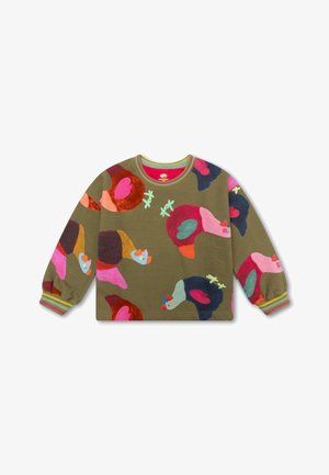 Groene sweatshirt met kleurrijke kip- en plantenpatronen, lange mouwen met geribde zoom, en een ronde halslijn met contrasterende afwerking.