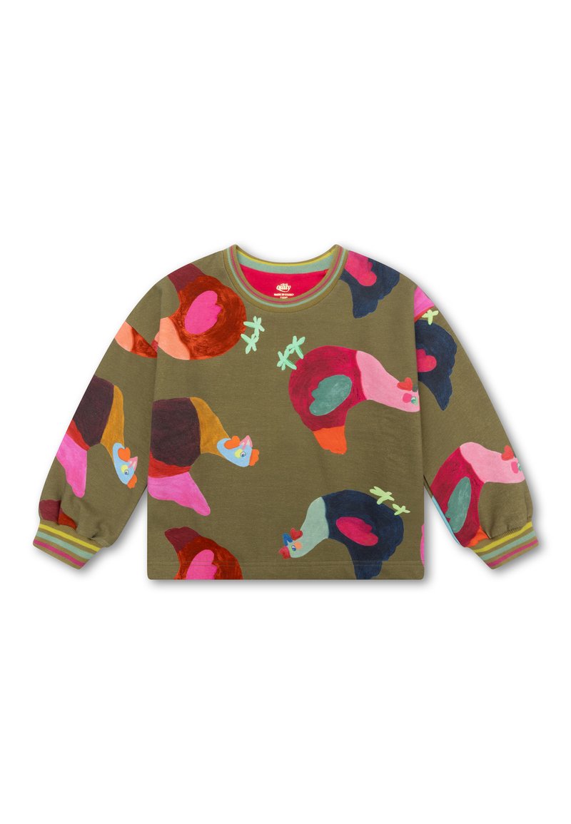 Groene sweatshirt met kleurrijke kip- en plantenpatronen, lange mouwen met geribde zoom, en een ronde halslijn met contrasterende afwerking.