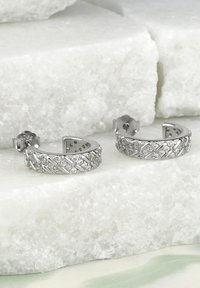 Silverörhängen med flätad design och klara kristaller infällda längs bandet, vilande på en ljusfärgad stenyta.