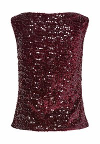 Top en sequins bordeaux avec un design ajusté, sans bretelles. Présente une texture lisse et une surface scintillante grâce à des sequins denses et superposés.