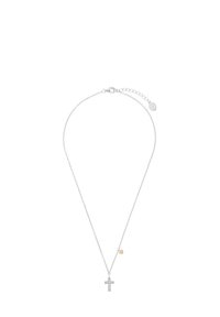 Collana in argento con un piccolo ciondolo a croce adornato da cristalli trasparenti e un piccolo charm a forma di cuore dorato.