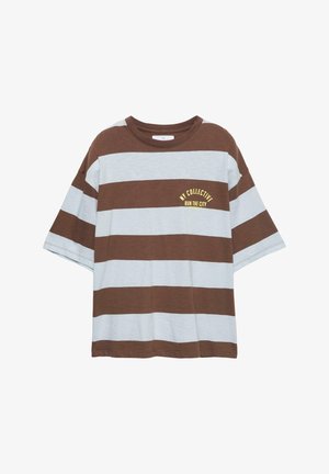 T-paita lyhyillä hihoilla, ruskeavalkoisilla raidoilla ja pyöreällä kaula-aukkolla, jossa rinnassa keltainen printti "NY COLLECTIVE RUN THE CITY".