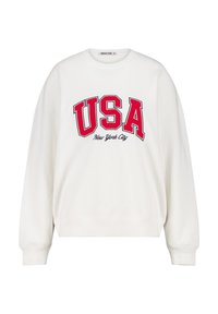 Felpa bianca con scritte rosse "USA" e "New York City". Presenta un collo tondo, polsini a coste e un design dalla vestibilità ampia.