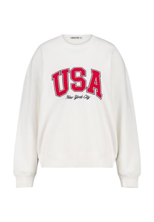 White sweatshirt with red "USA" lettering and "New York City" text. Features a round neck, ribbed cuffs, and a relaxed fit design.