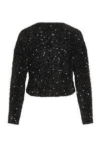 Sort cropped jakke dækket af palietter, med lange ærmer og rund halsudskæring. Blød tekstur med en skinnende og reflekterende overflade.