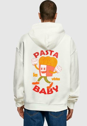 White hoodie featuring a cartoon design of a smiling pasta-shaped character with "PASTA la vista BABY" text in bright red and orange.