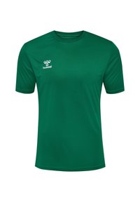 Grön kortärmad tränings-T-shirt i slät tyg, med rund halsringning och en liten vit logotyp på övre vänstra sidan.