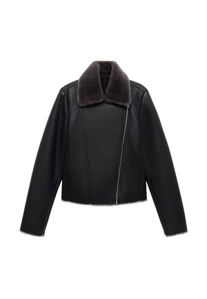 Schwarze Lederjacke mit asymmetrischem vorderem Reißverschluss und dunkelgrauem Plüschfellkragen, langen Ärmeln und tailliertem Schnitt.